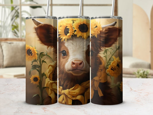 Adorable Cow with Sunflowers Design Tumbler
