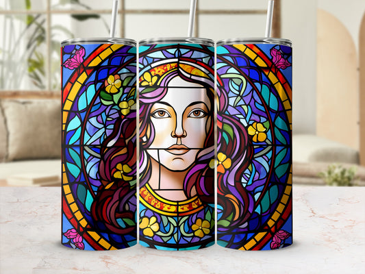Three tumblers featuring a stained-glass portrait of a woman with flowing hair.