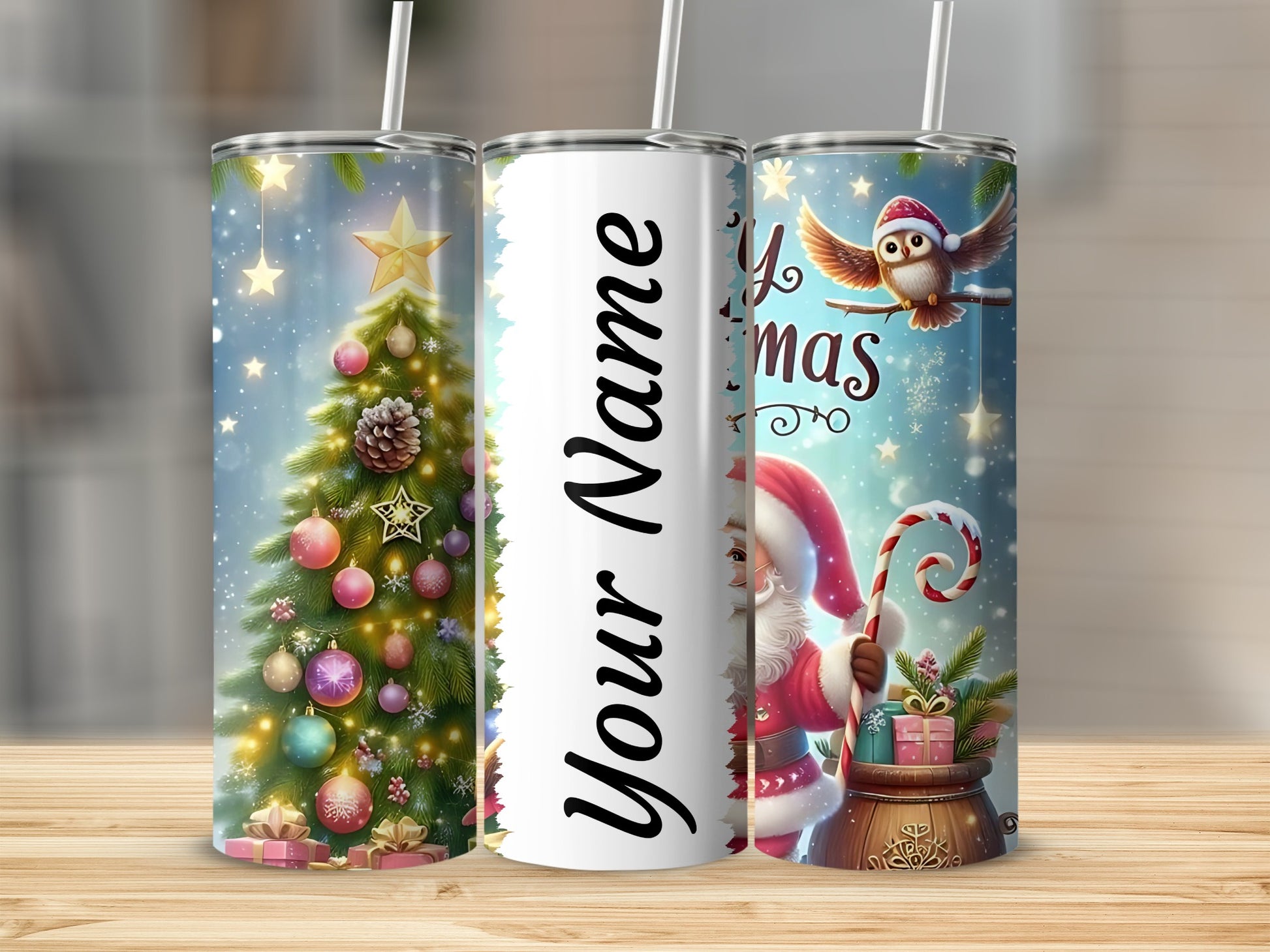 Personalized Christmas Tree and Santa Design Tumbler
