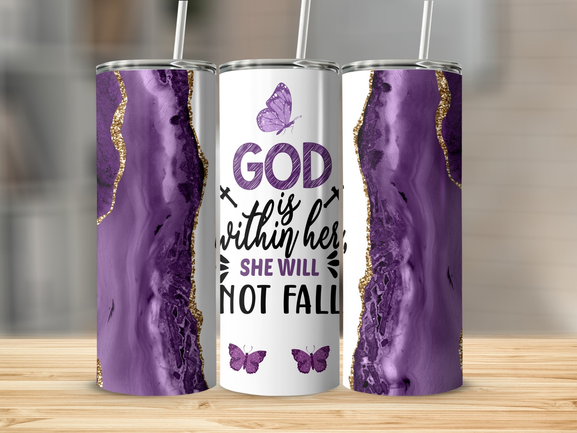 Purple agate and gold design tumbler with text "God is within her, she will not fall."