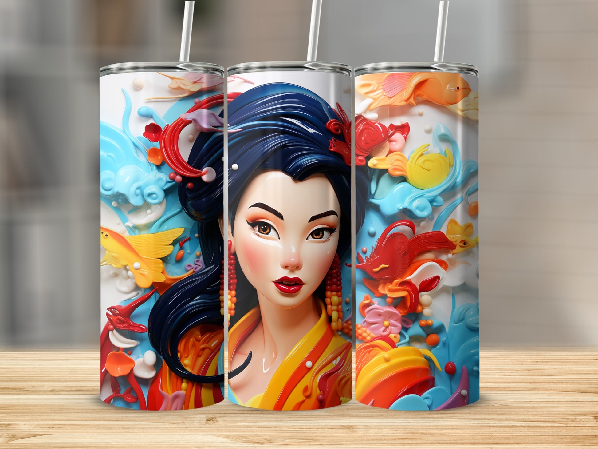 Elegant Asian Art Design Insulated Tumbler with Straw