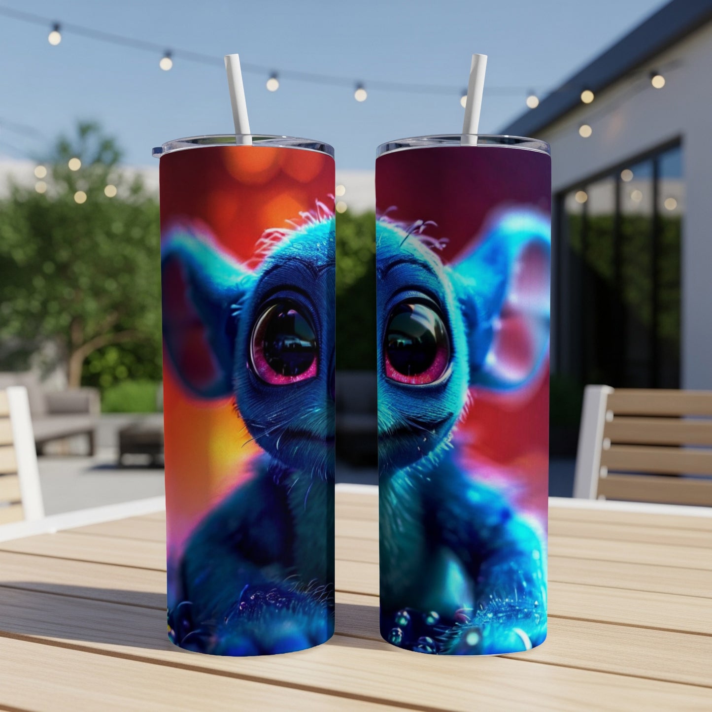 Blue cartoon alien with large eyes on two identical tumblers.