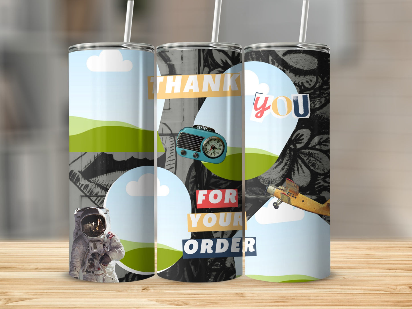 Three tumblers with an astronaut, airplane, radio, and text "THANK YOU FOR YOUR ORDER".