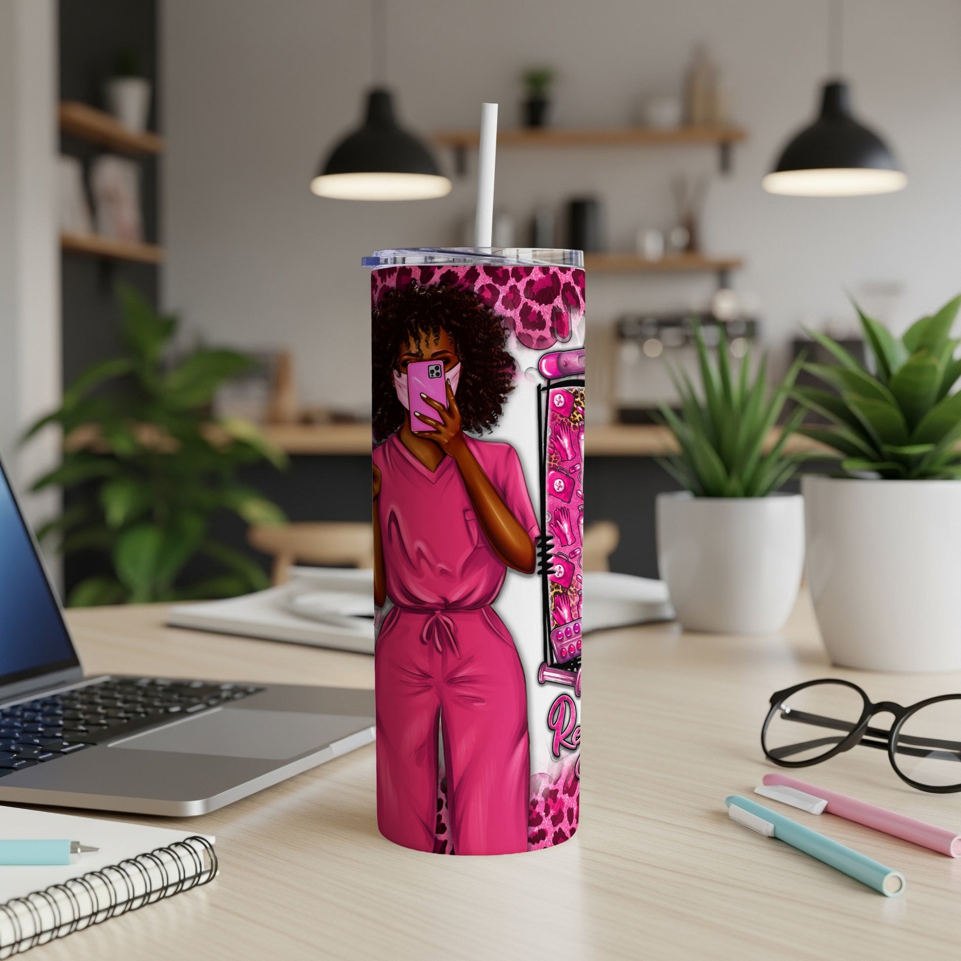 Nurse with pink scrubs and leopard print, holding phone.