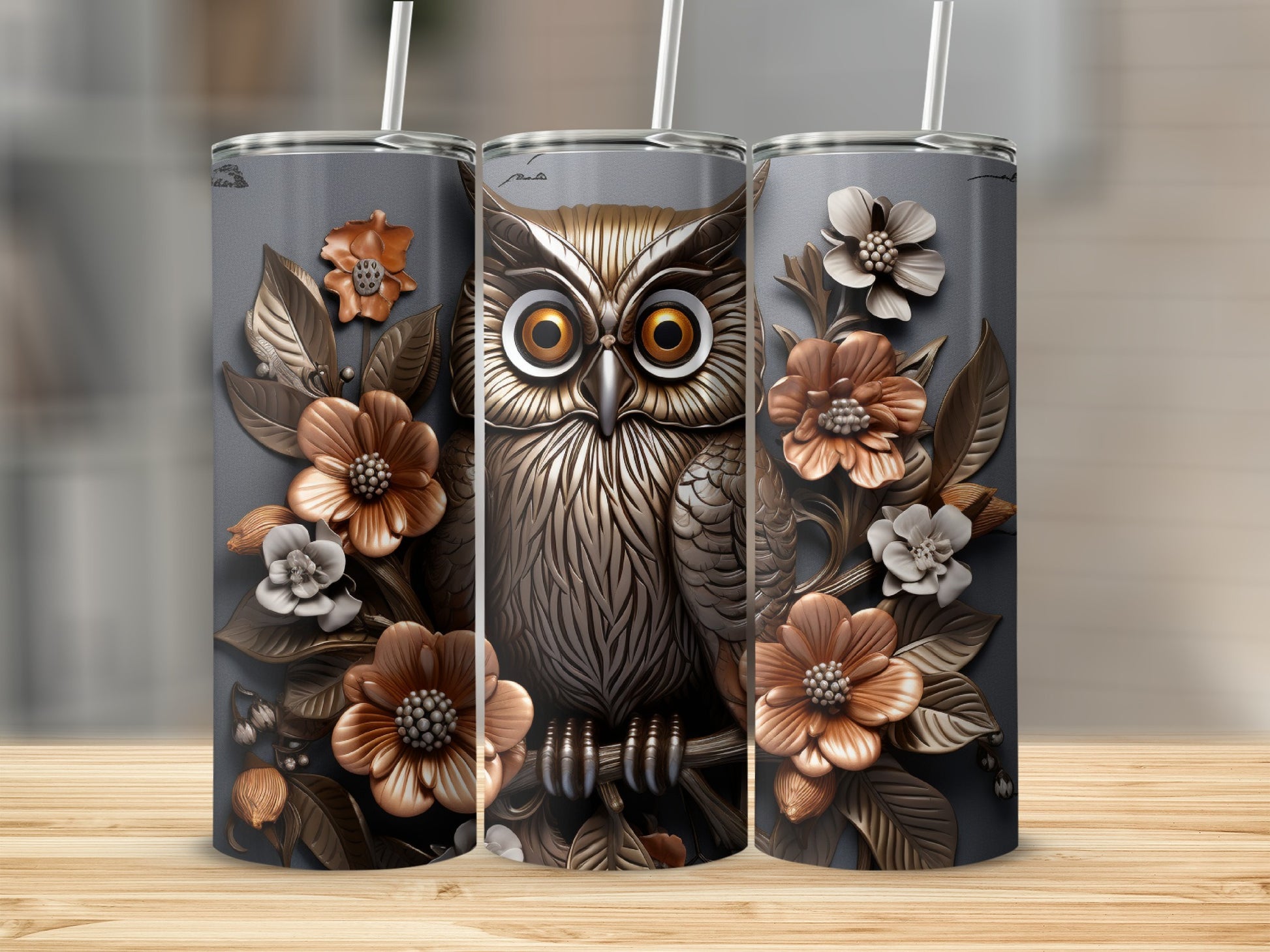 Owl with flowers on a dark gray tumbler with straw.