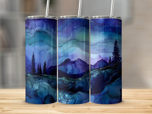 Three tumblers with a starry night mountain landscape design.