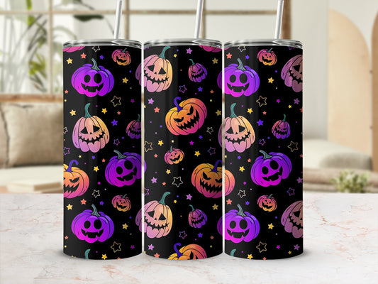 Three tumblers featuring a black background with colorful gradient pumpkins and stars pattern.