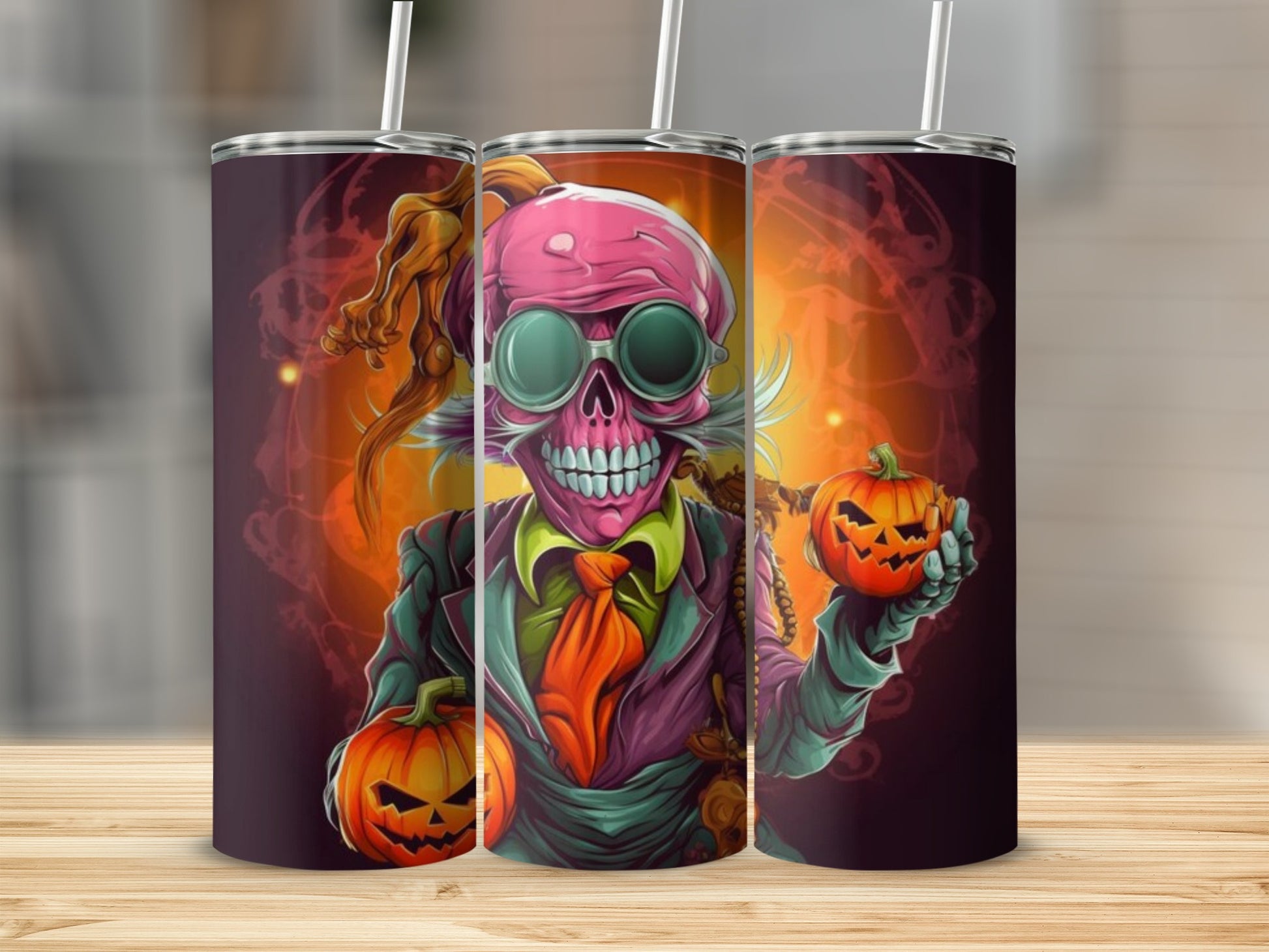 Halloween tumbler with a cartoon skeleton holding pumpkins.