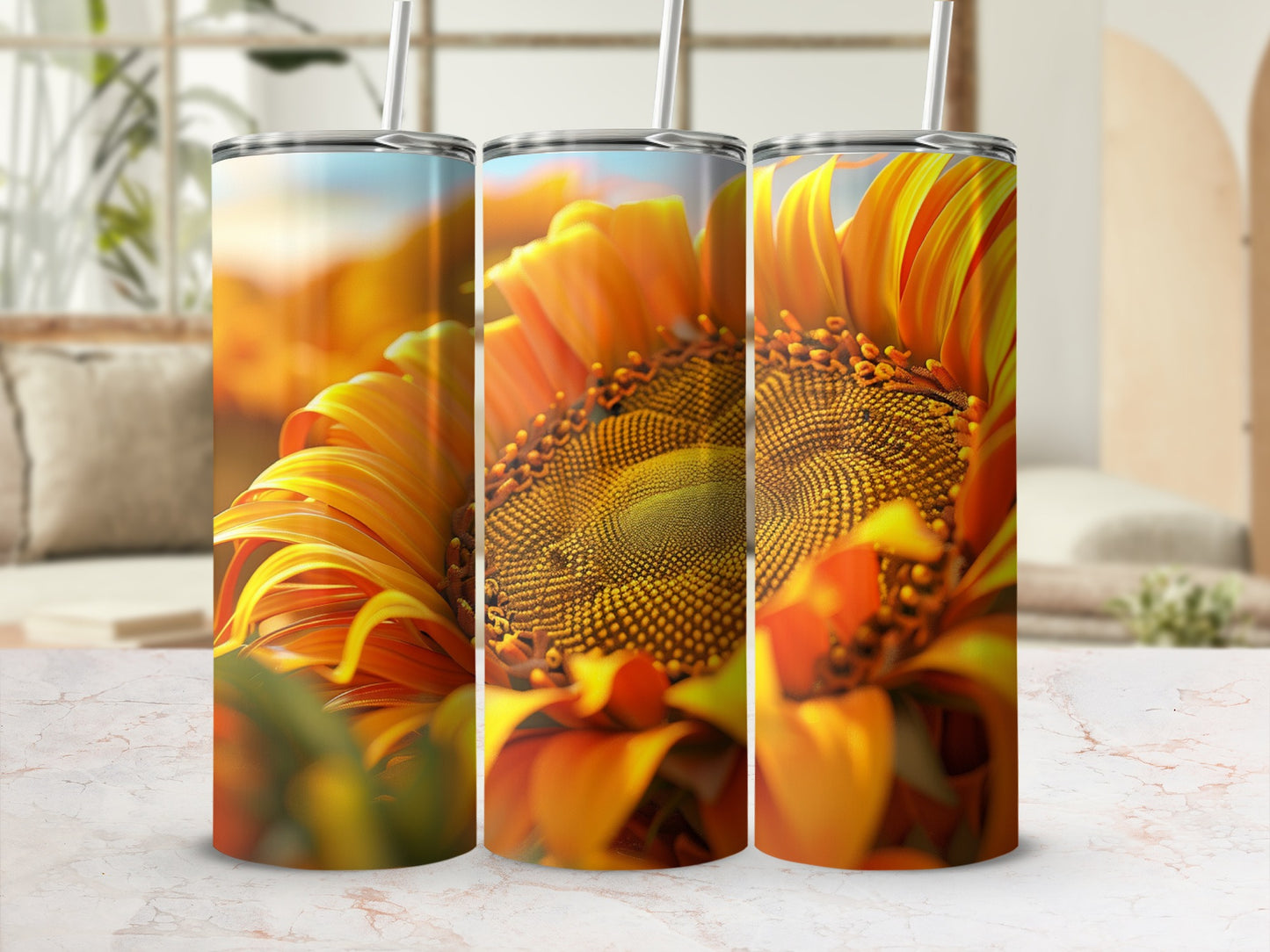 Three tumblers featuring a close-up of a sunflower.