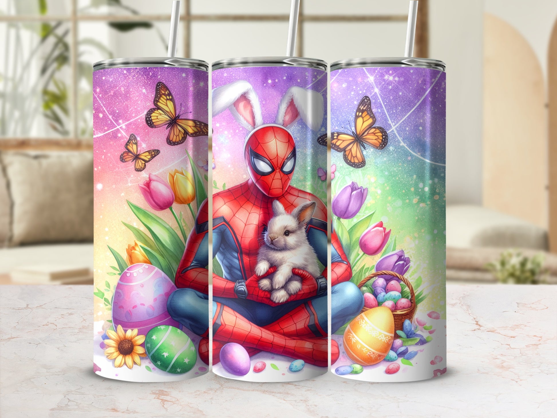 Spider-Man Easter Bunny and Eggs Tumbler Cup with Straw