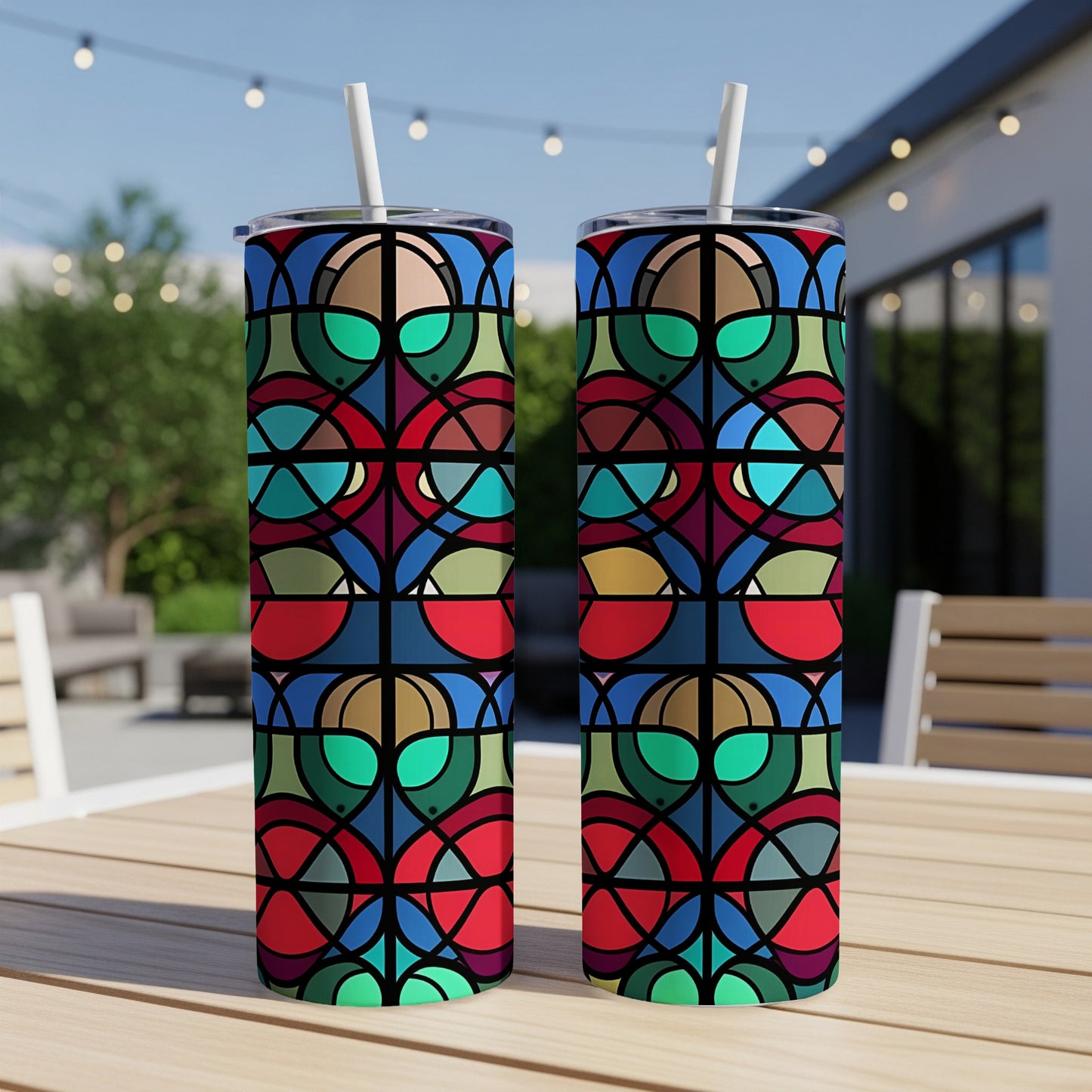 Two tall tumblers with a stained-glass-inspired geometric pattern.