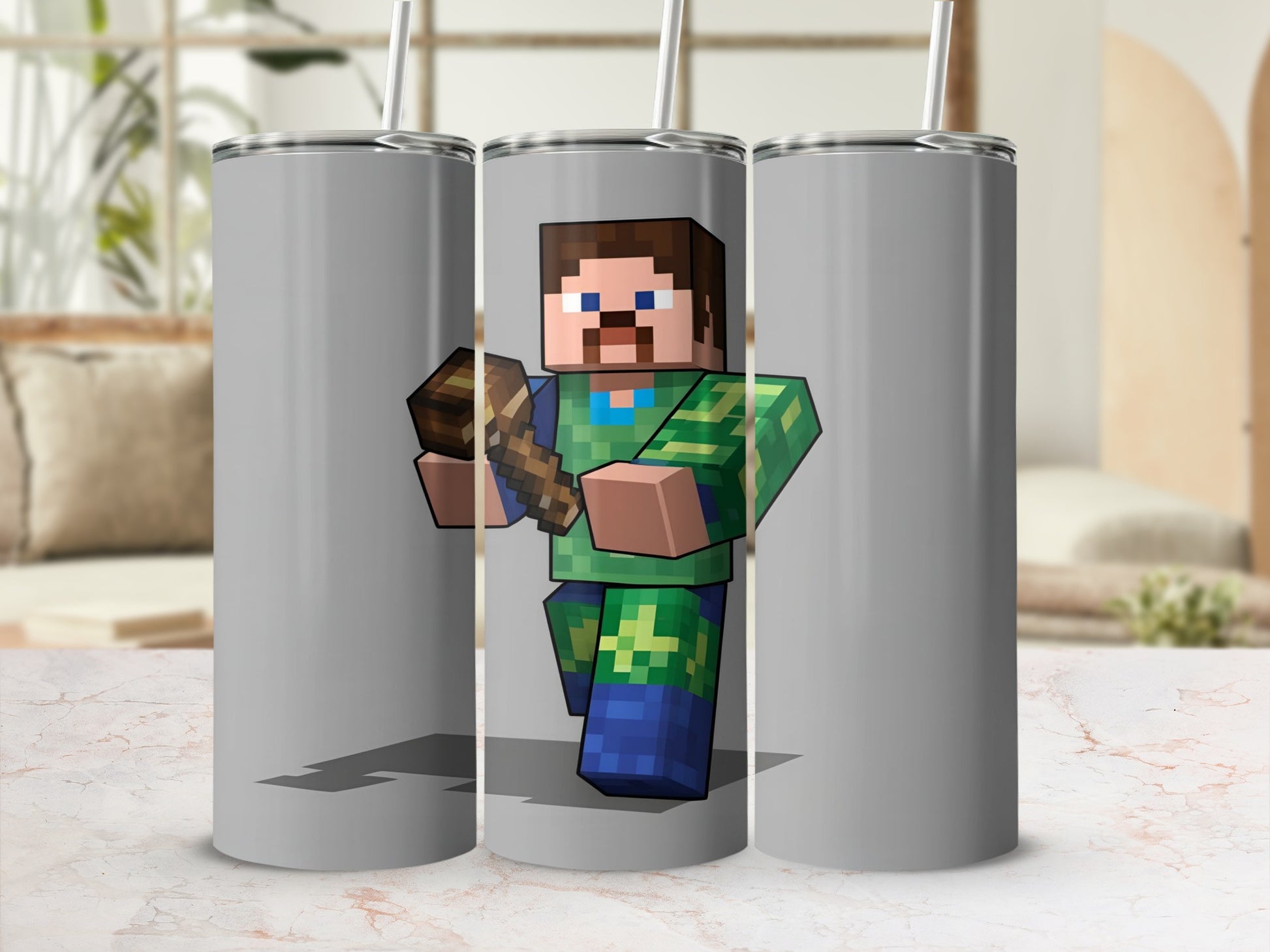 Steve from Minecraft holding a wooden axe against a grey background.