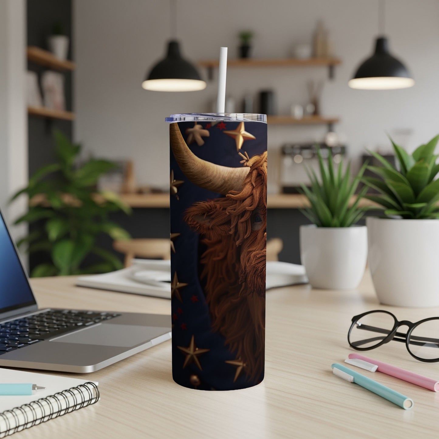 Tall tumbler with a Highland cow and stars design.
