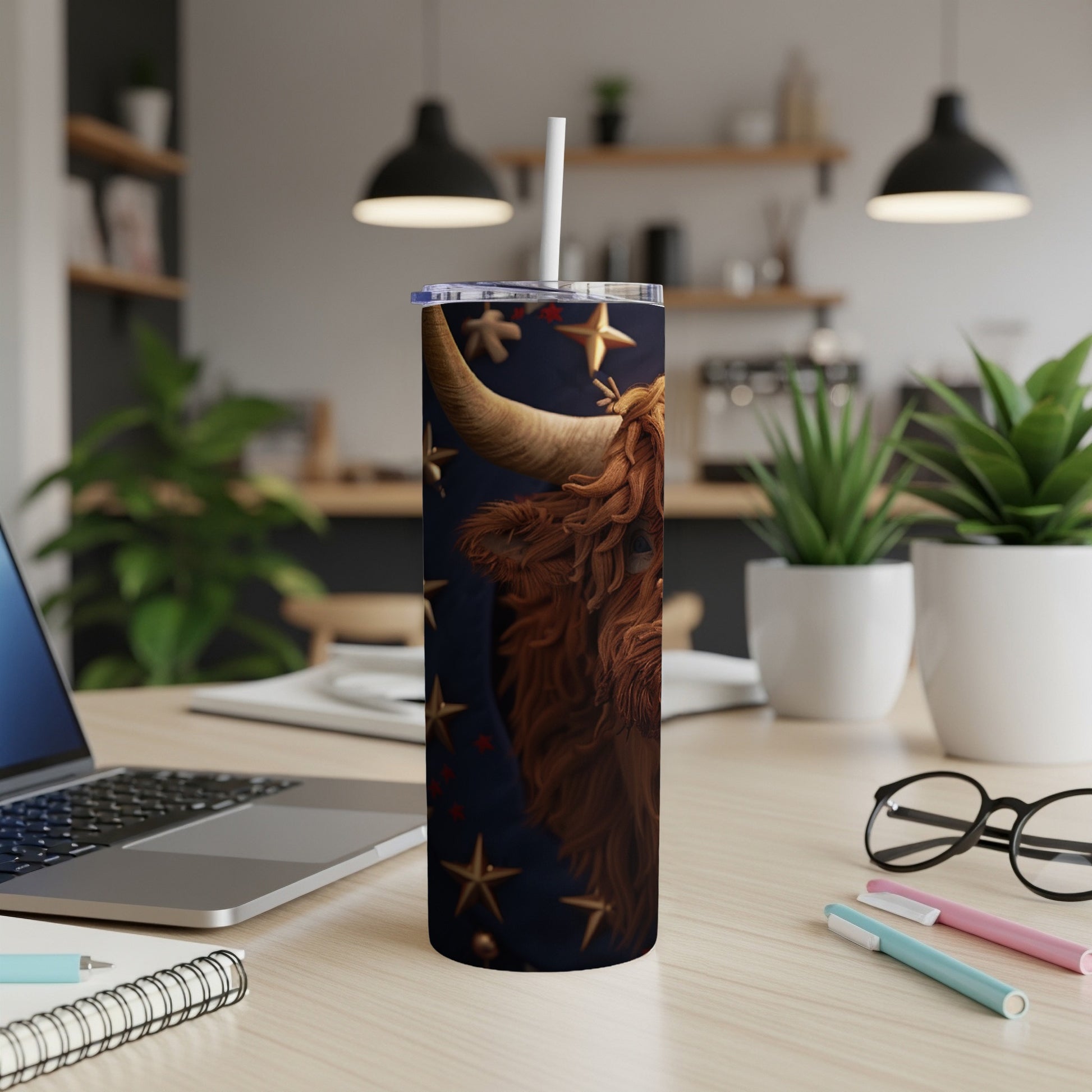 Tall tumbler with a Highland cow and stars design.