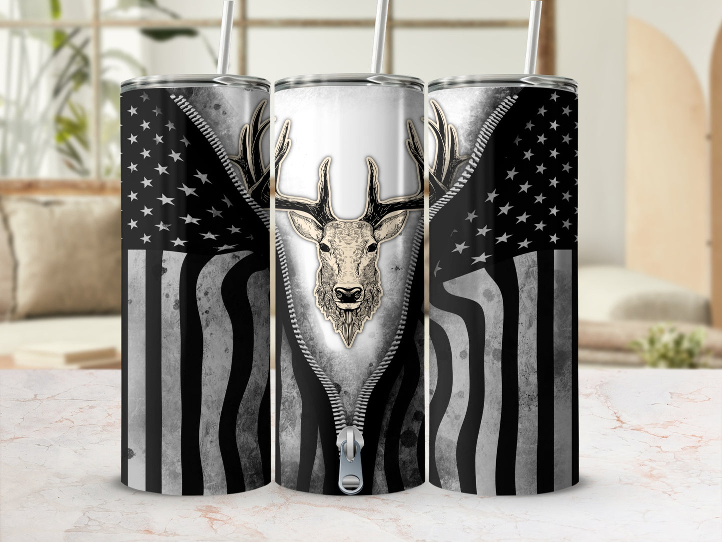 Zippered American flag with deer head design on a tumbler.