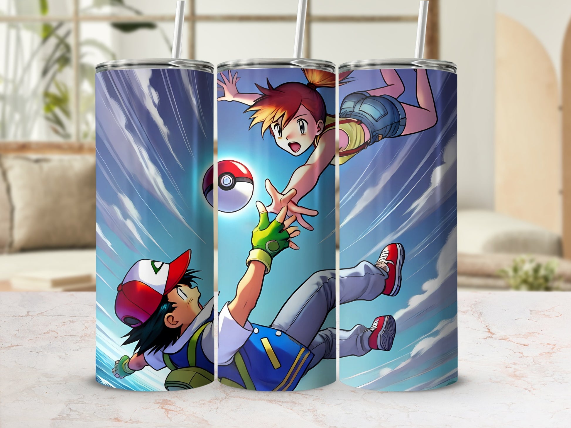 Animated Characters Reaching for Pokeball Tumbler Cup