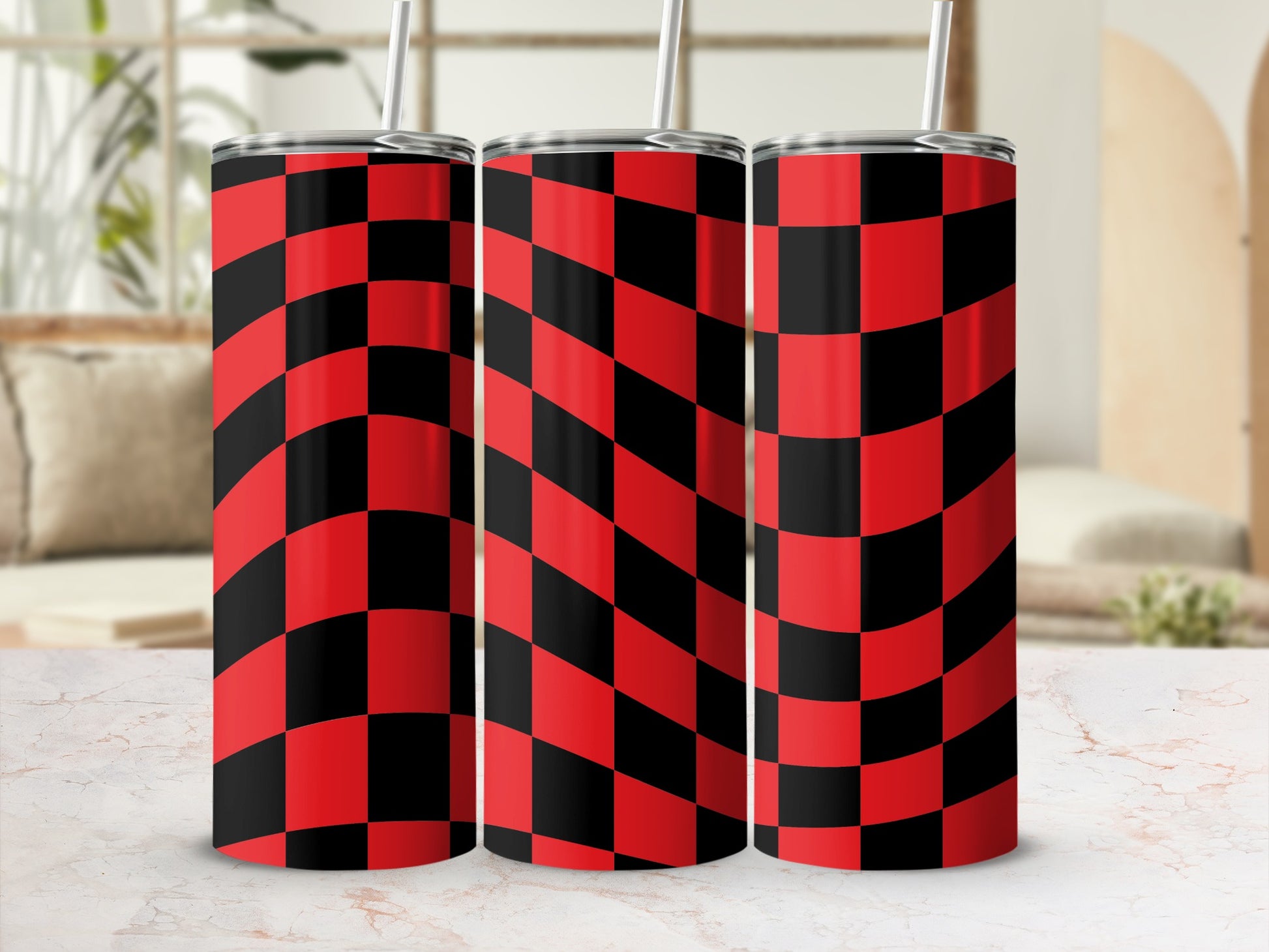 Three tumblers with a red and black checkered wavy pattern.