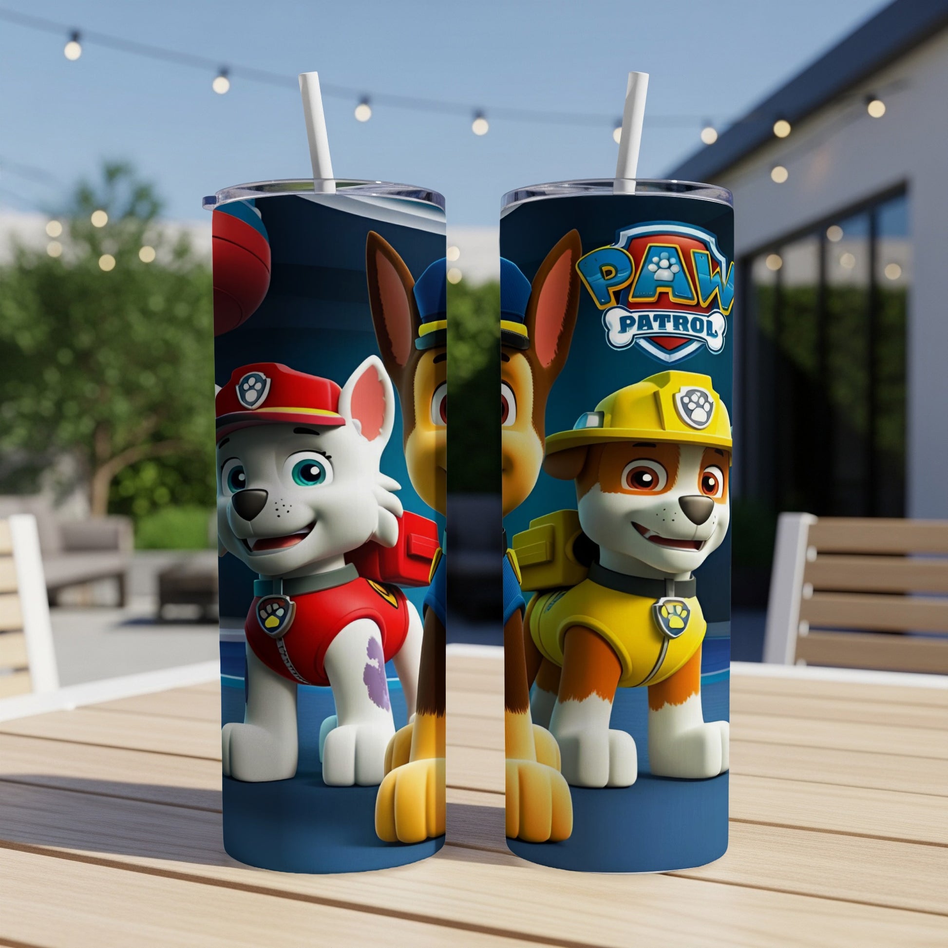 Paw Patrol characters Chase and Skye on a blue and yellow tumbler.