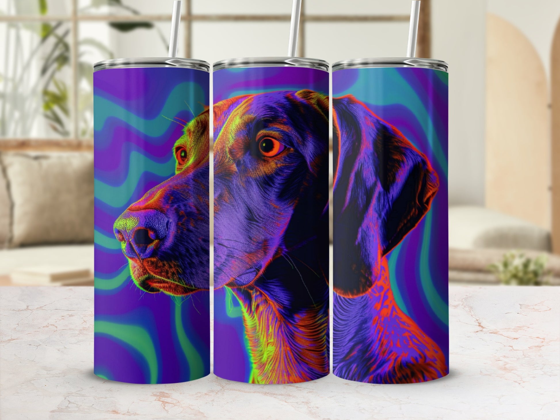 Abstract portrait of a dog's head with vibrant wavy background.