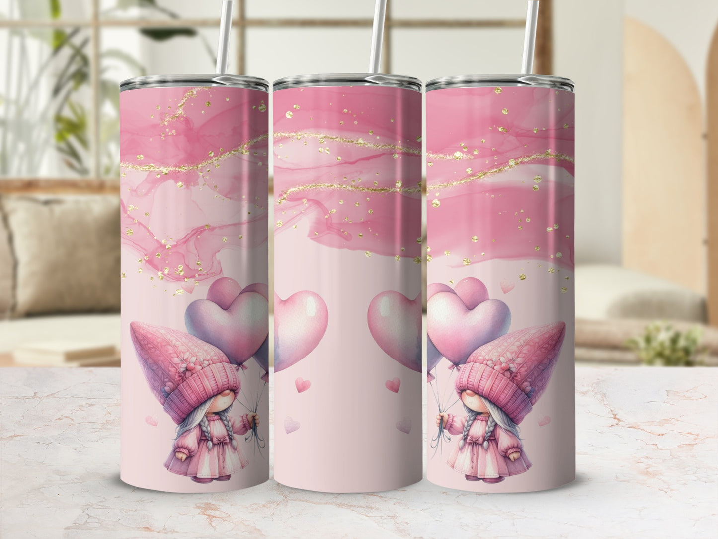 Pink marble tumbler with gnome design and pink hearts.