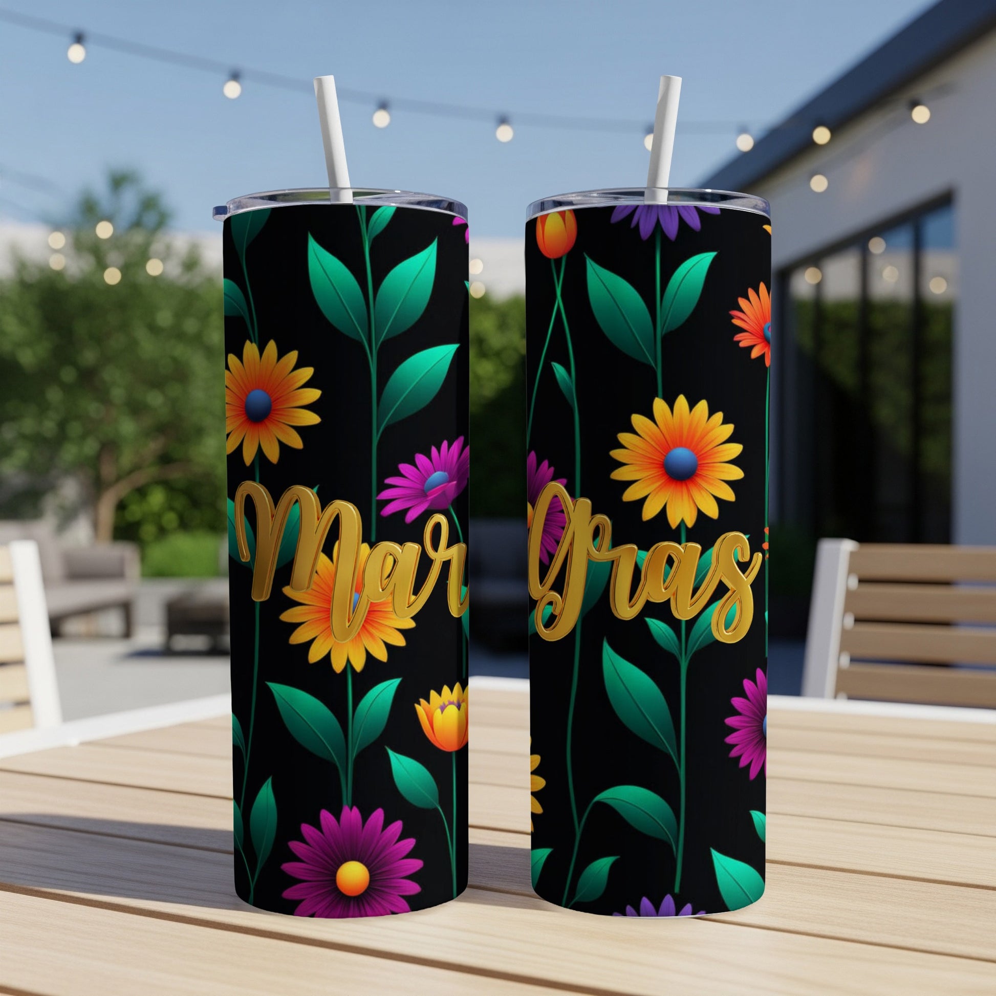 Black tumbler with "Mardi Gras" text and colorful floral pattern.