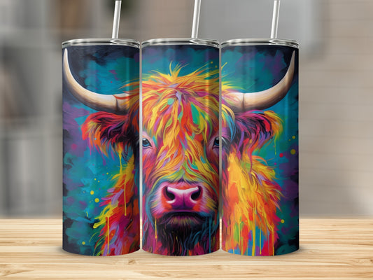 Colorful abstract Highland cow portrait on three tumblers.