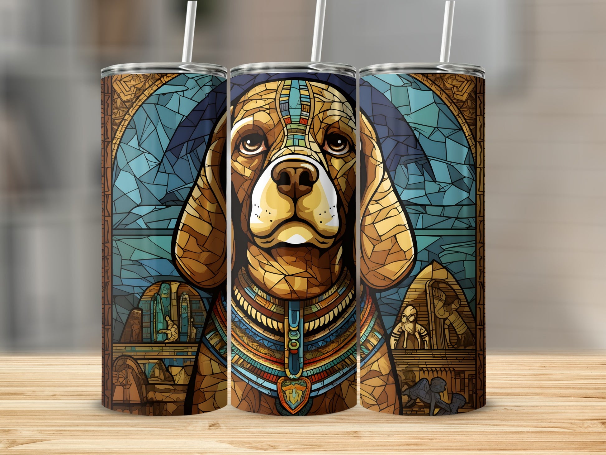 Beagle dog in Egyptian mosaic style on three tumblers with straws.