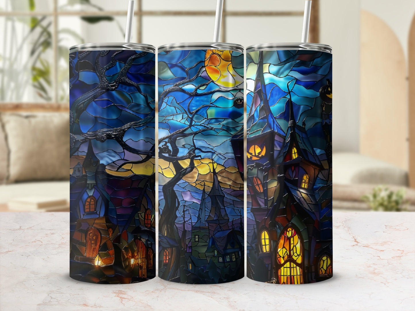 Stained glass style tumbler with a haunted castle and moon design.