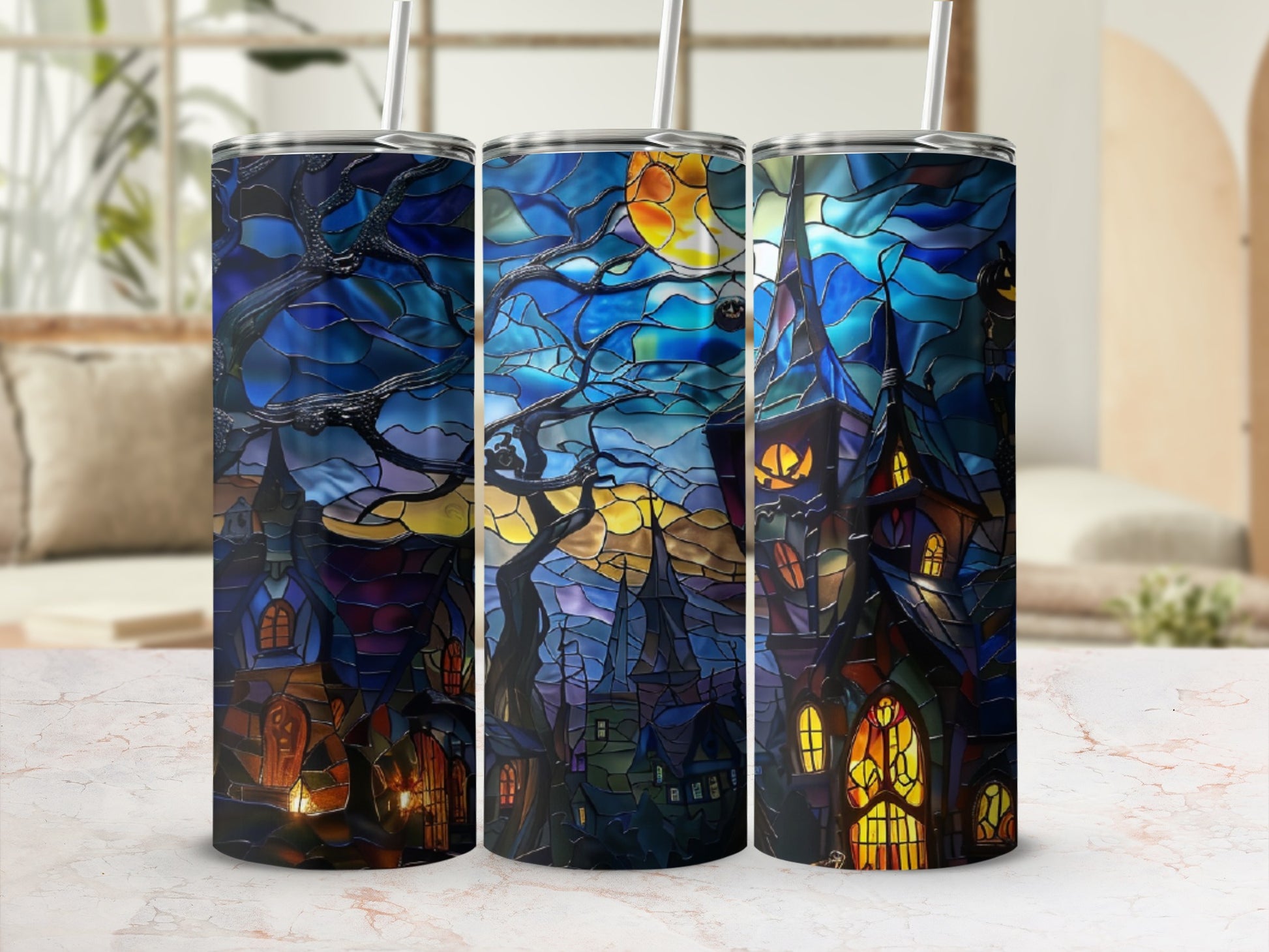 Stained glass style tumbler with a haunted castle and moon design.