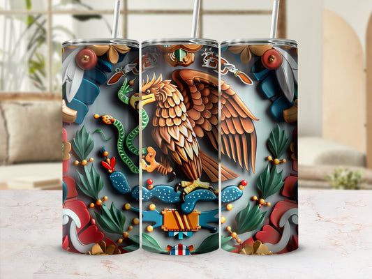 Tumbler with Mexican flag eagle design and cactus.