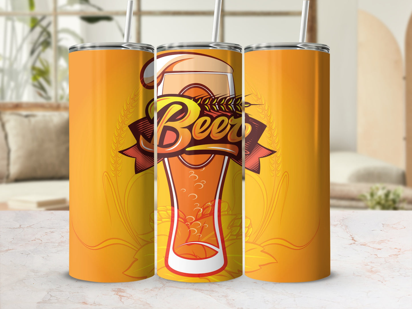 Beer Beverage Design Tumbler with Straw Accessory