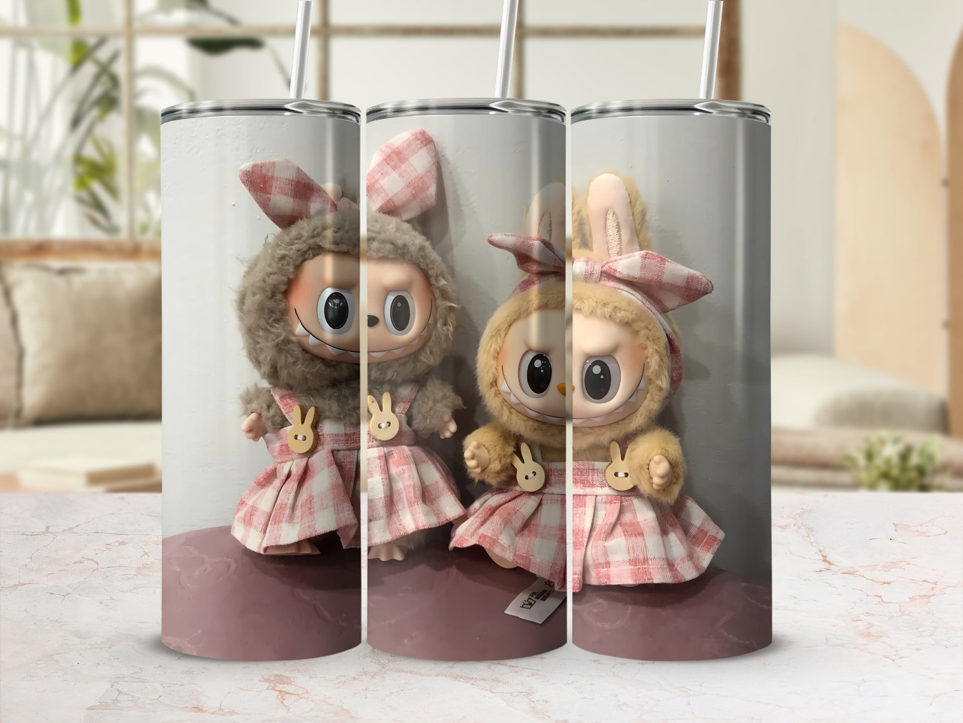 Cute Bunny Plush Dolls Gingham Dress Decor Tumbler
