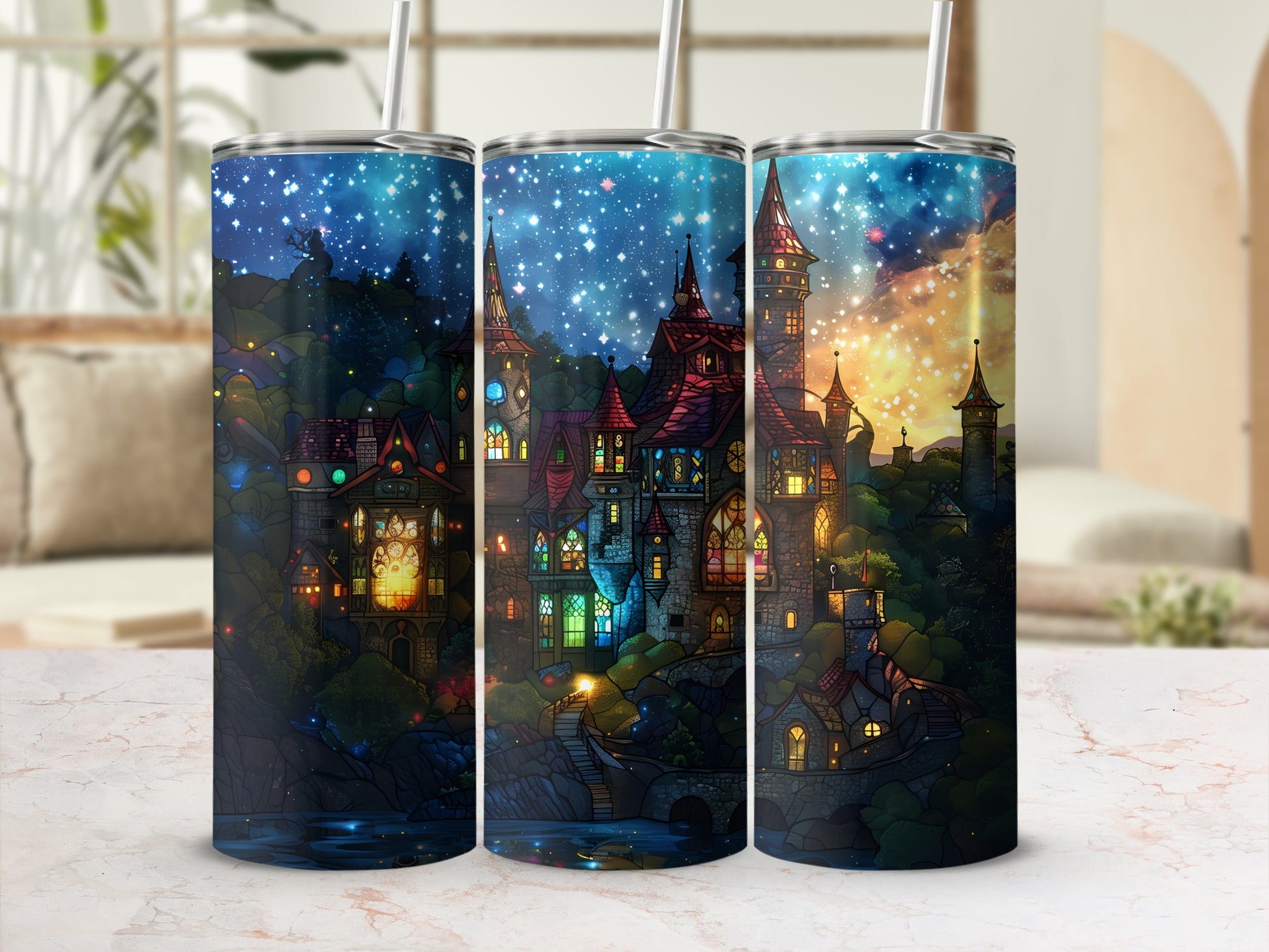 Fantasy castle illuminated by starlight and sunset, with glowing windows.