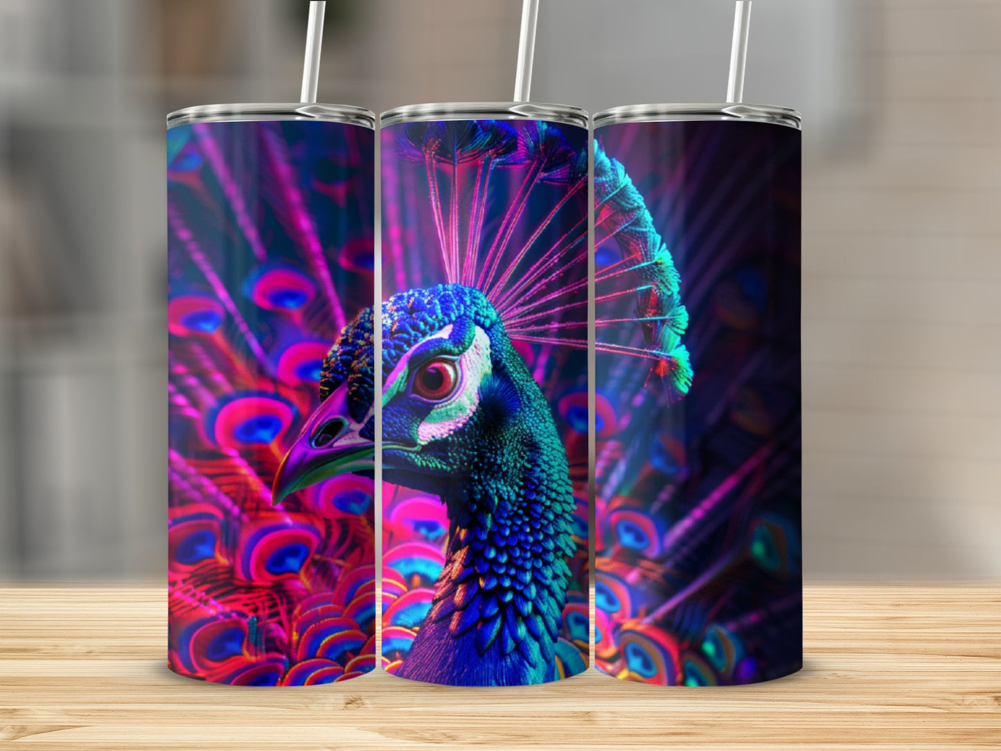 Three tumblers with a close-up image of a peacock's head and fanned tail.