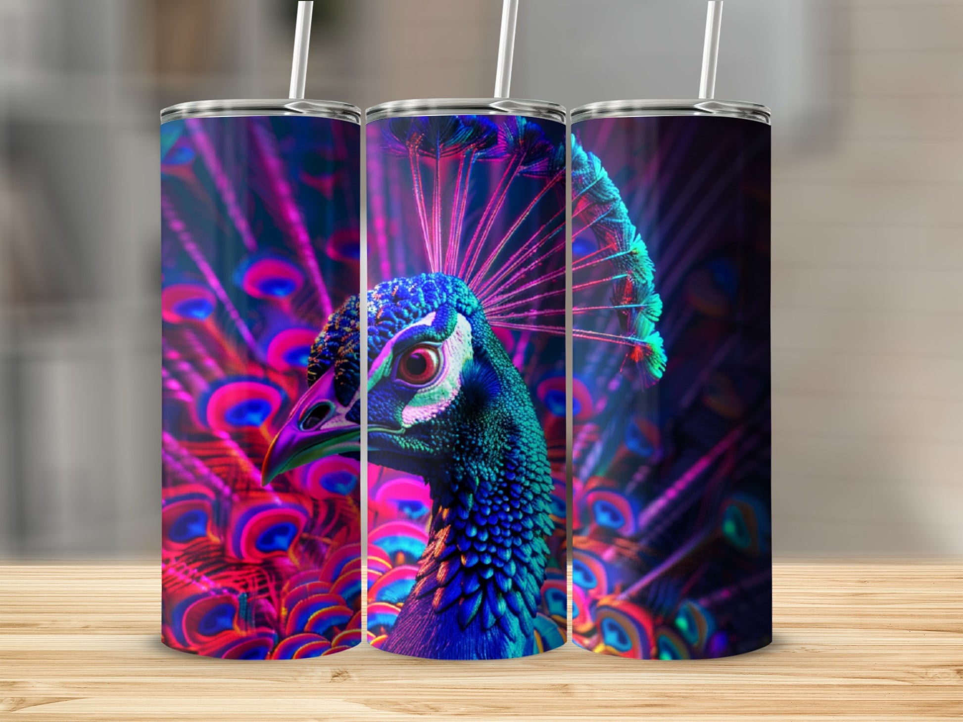 Three tumblers with a close-up image of a peacock's head and fanned tail.