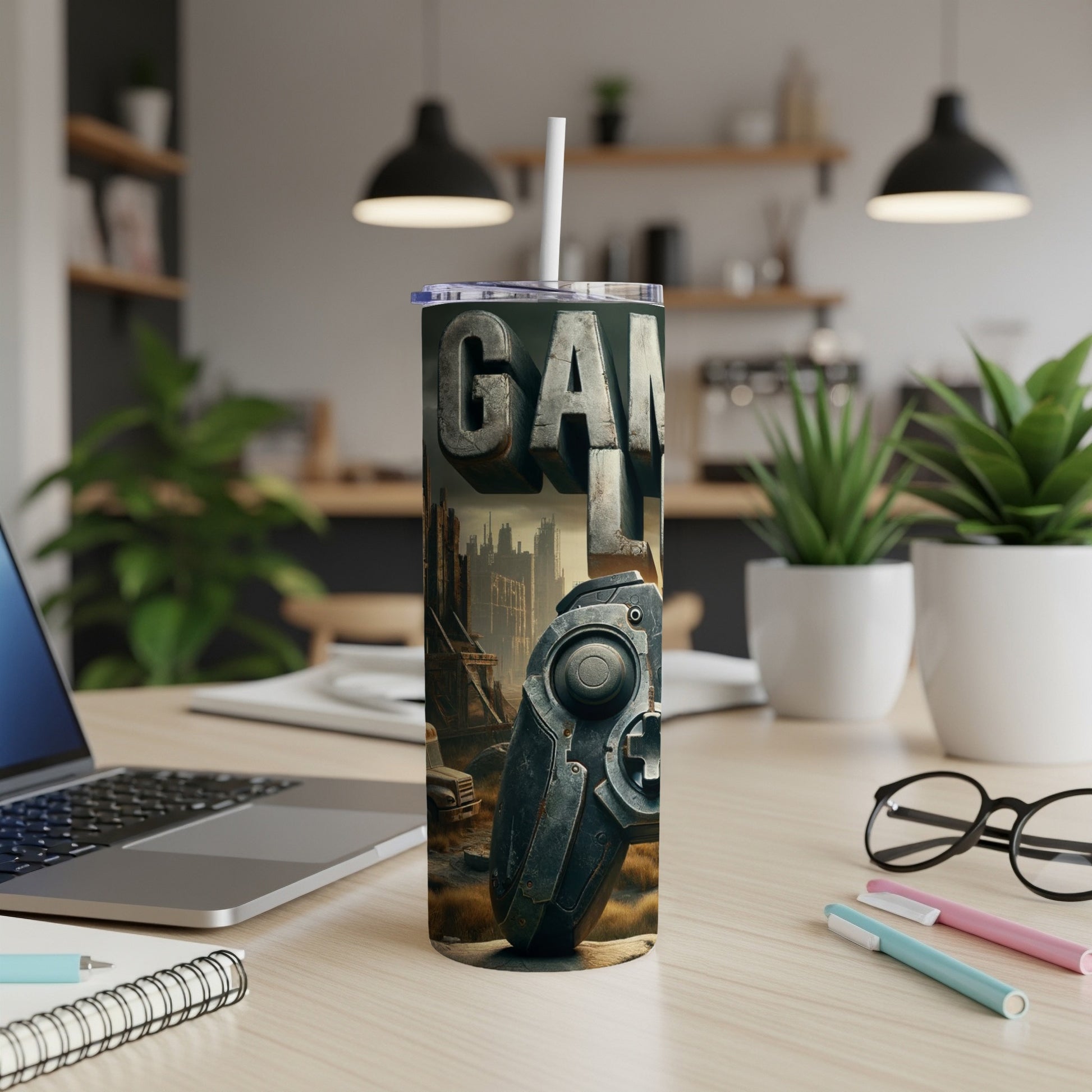 Gamer tumbler with controller and cityscape background.