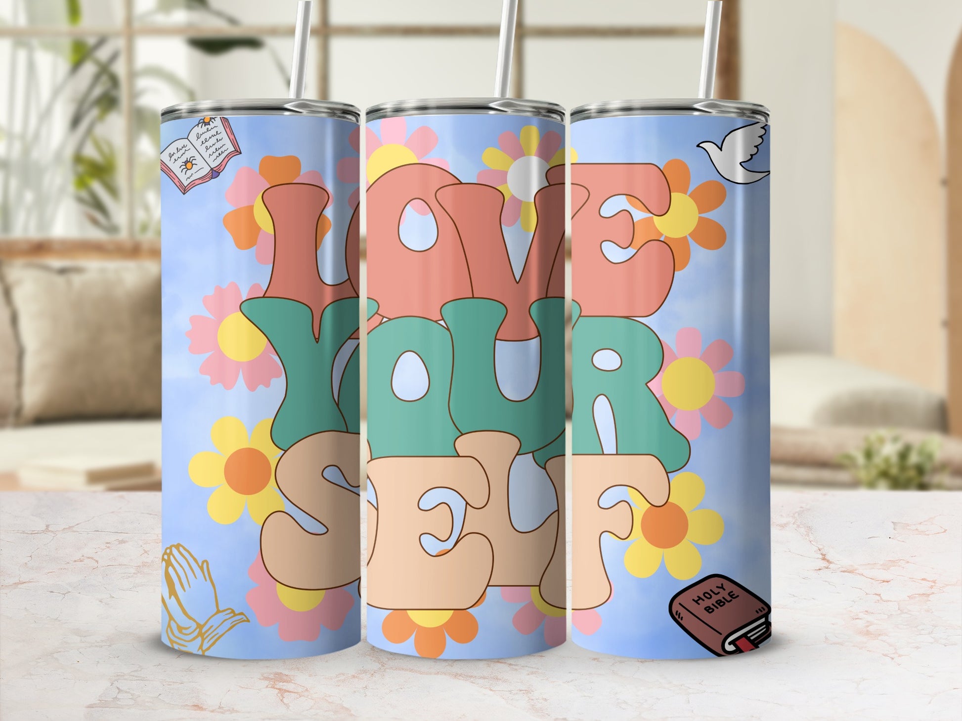 Love Yourself Colorful Floral Illustrations Tumbler