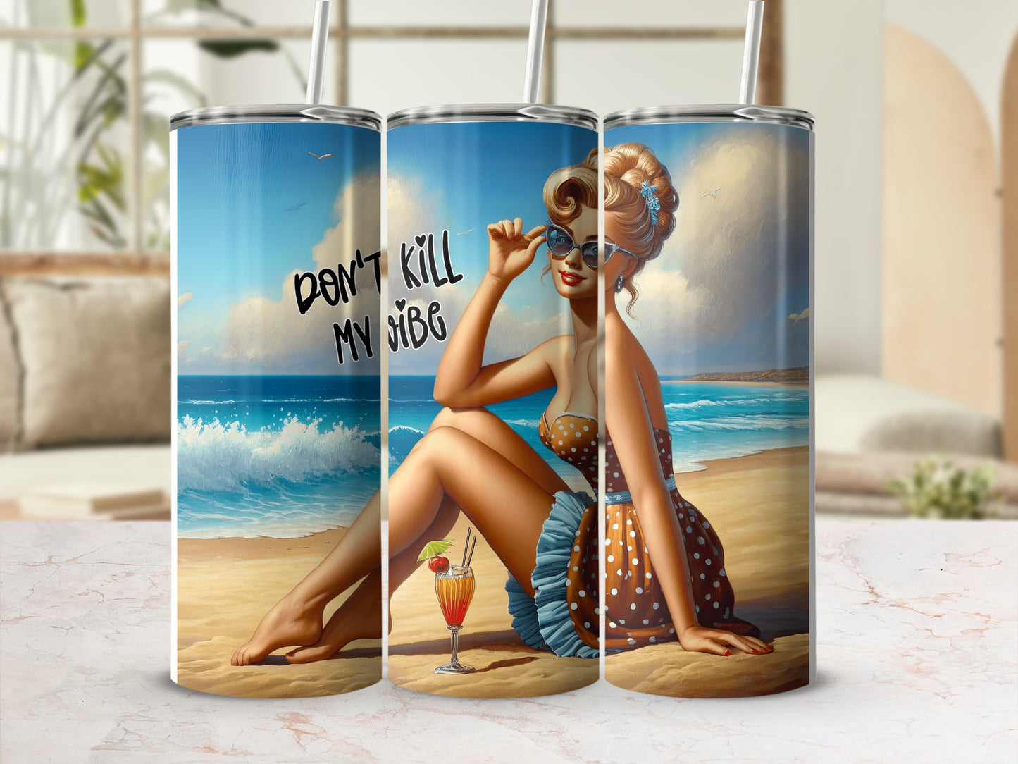 Woman in polka dot dress with "Don't Kill My Vibe" text on a beach.