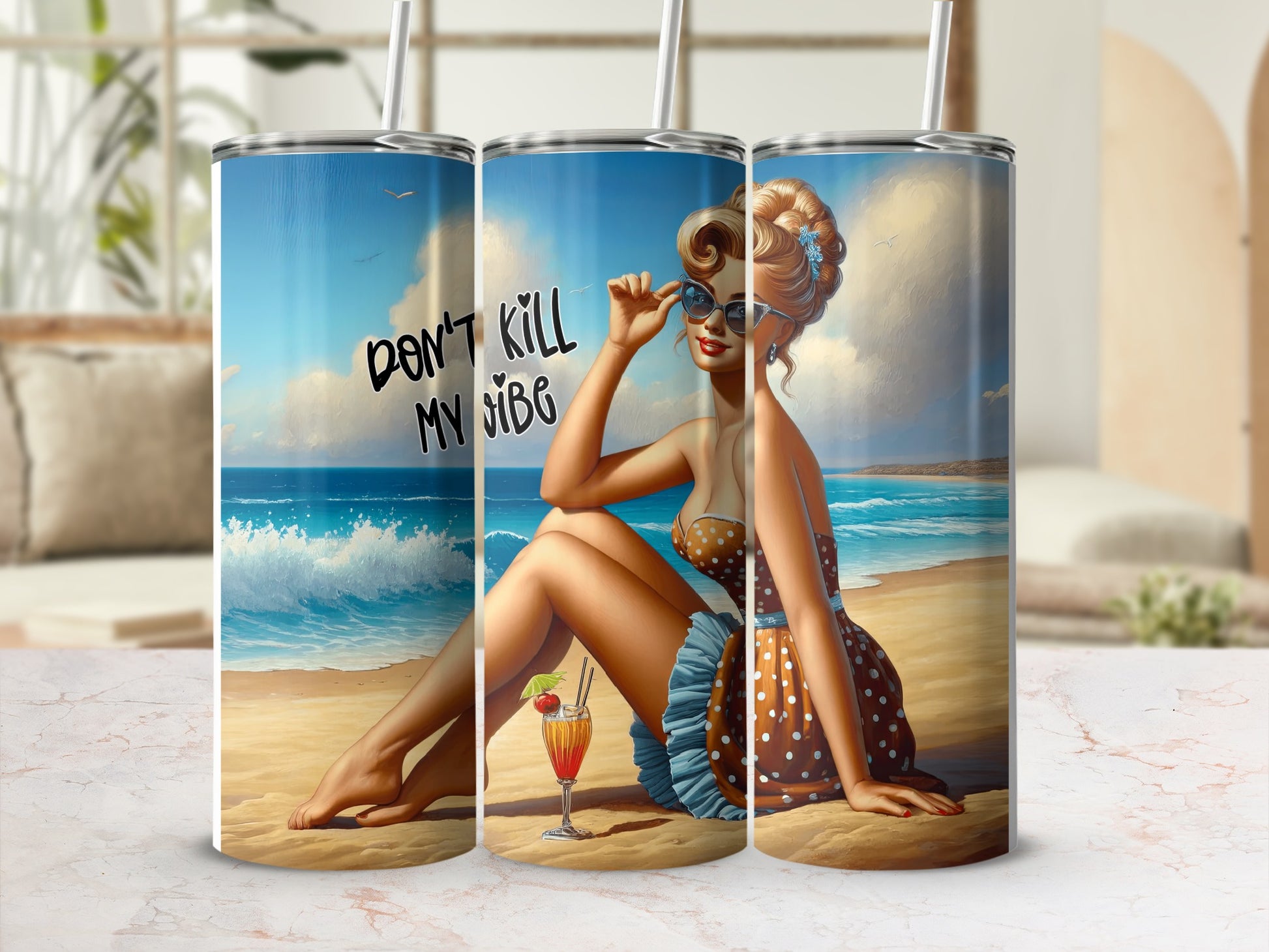 Woman in polka dot dress with "Don't Kill My Vibe" text on a beach.