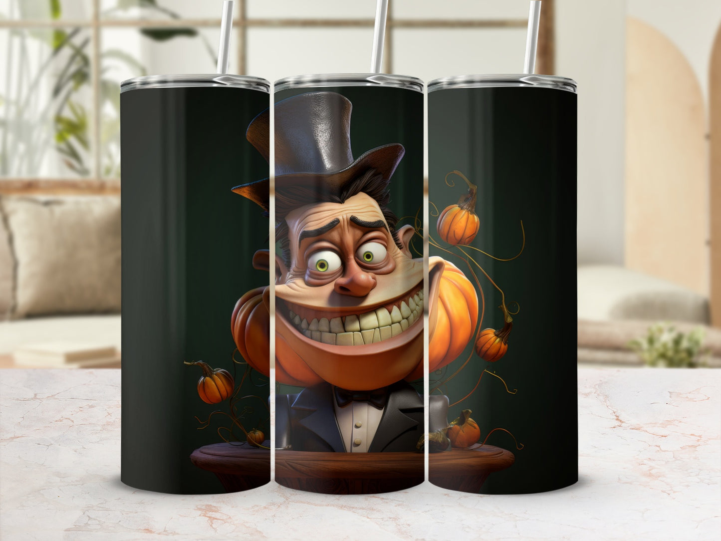 Three tumblers with a cartoon character wearing a top hat and suit, surrounded by pumpkins.