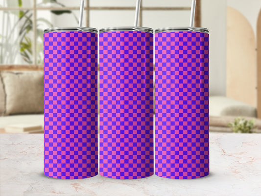 Three tumblers with a pink and purple checkered pattern stand side-by-side.