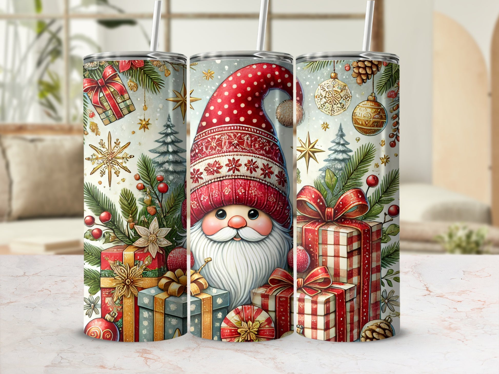 Santa Claus tumbler with gift boxes and ornaments.