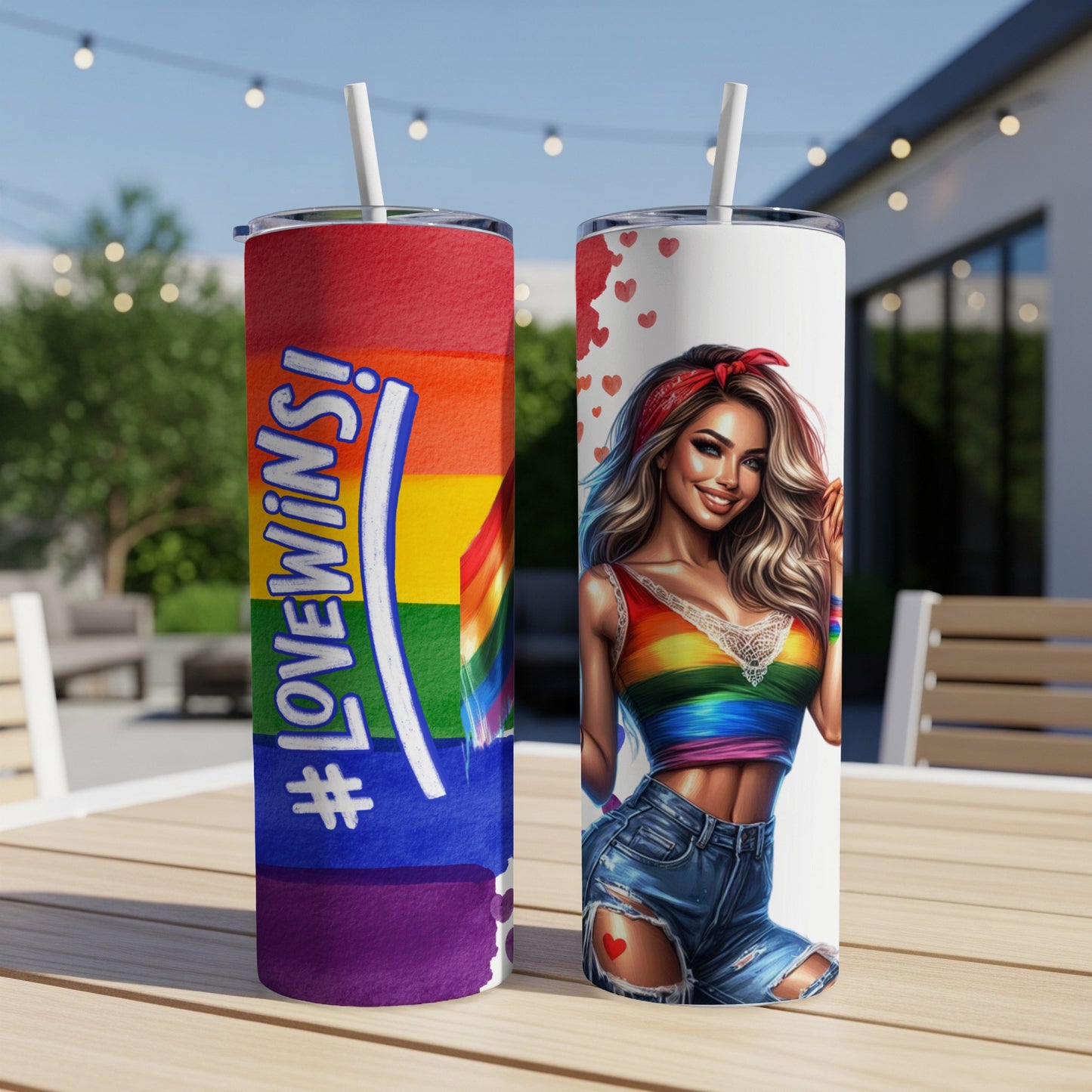 Rainbow tumbler with #LoveWins text and pride flag design next to a woman in pride attire.