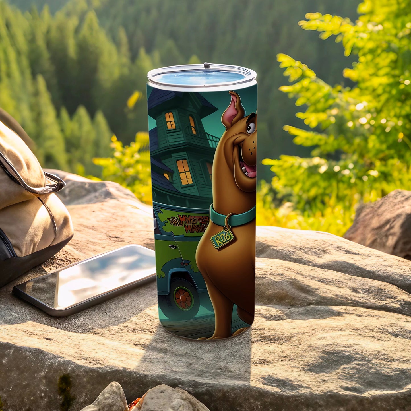 Scooby-Doo and the Mystery Machine on a tumbler, outdoors.