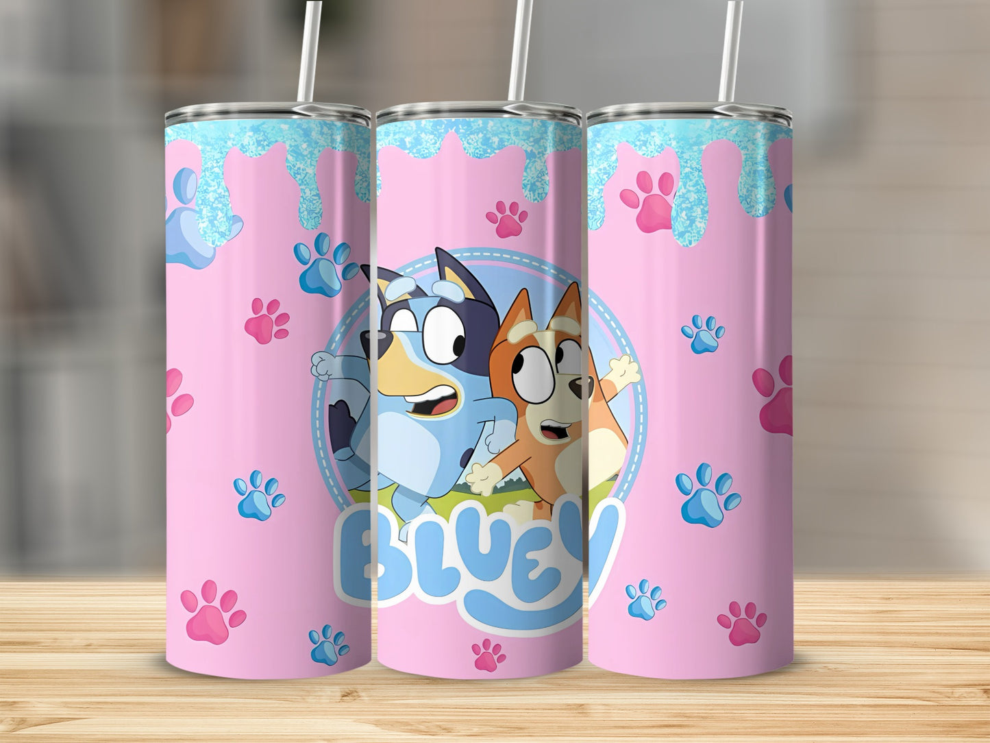 Bluey Pink Paws Pattern Drink Tumbler with Straw