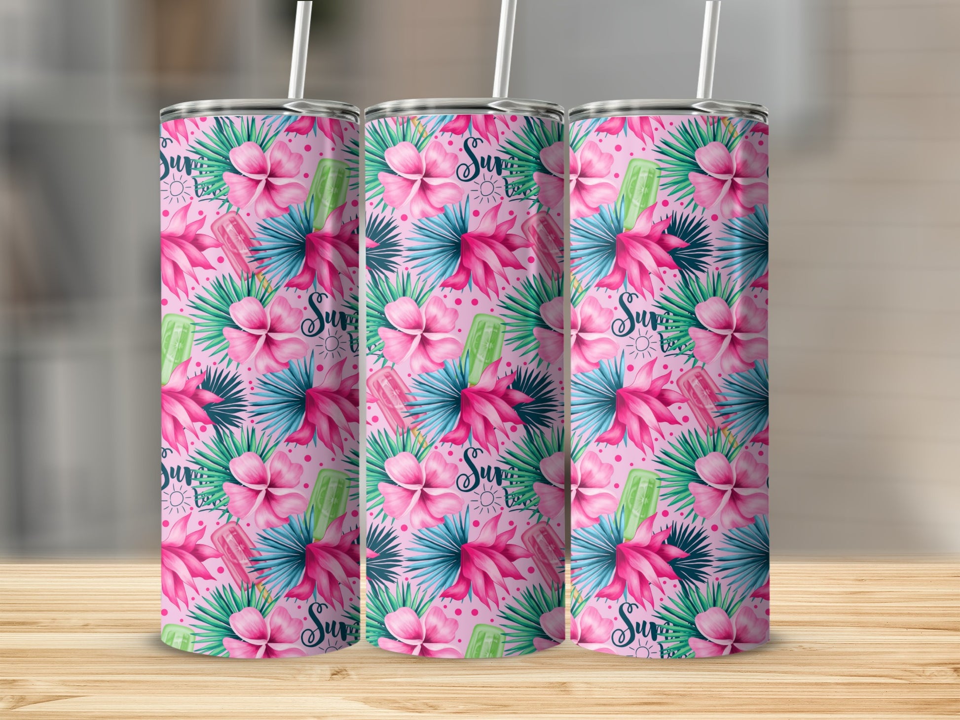 Three tumblers with a tropical floral and popsicle pattern.