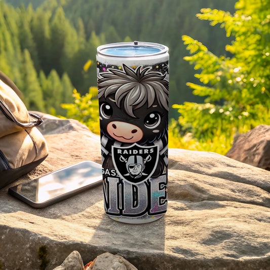 Las Vegas Raiders tumbler with a cute cartoon bull wearing team logo.