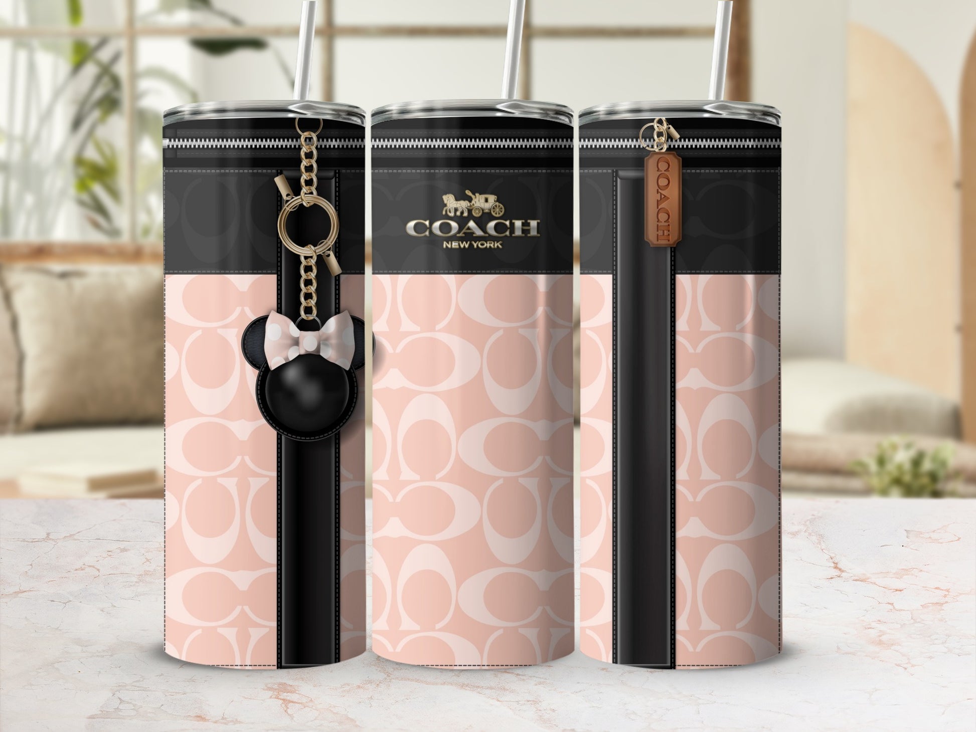 Elegant Pink and Black COACH Branded Tumbler Cup