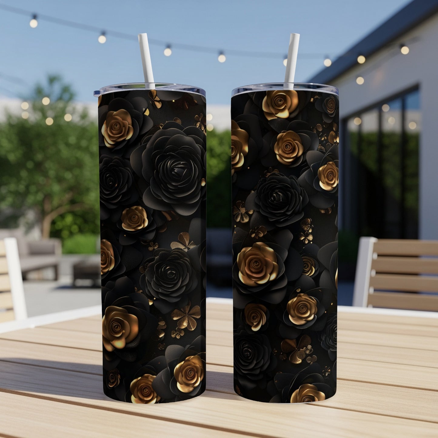 Two tumblers with black and gold rose floral design.