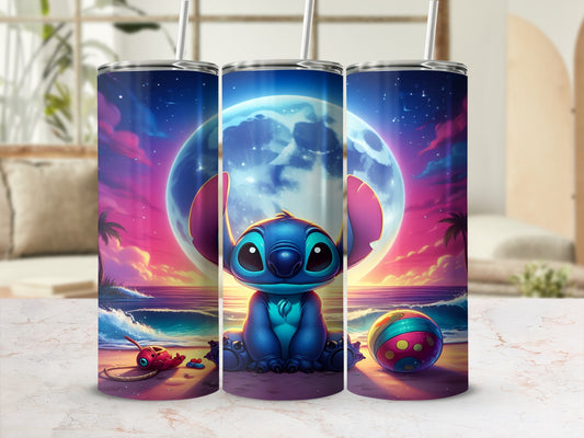 Stitch sits on a beach with a full moon and beach ball.